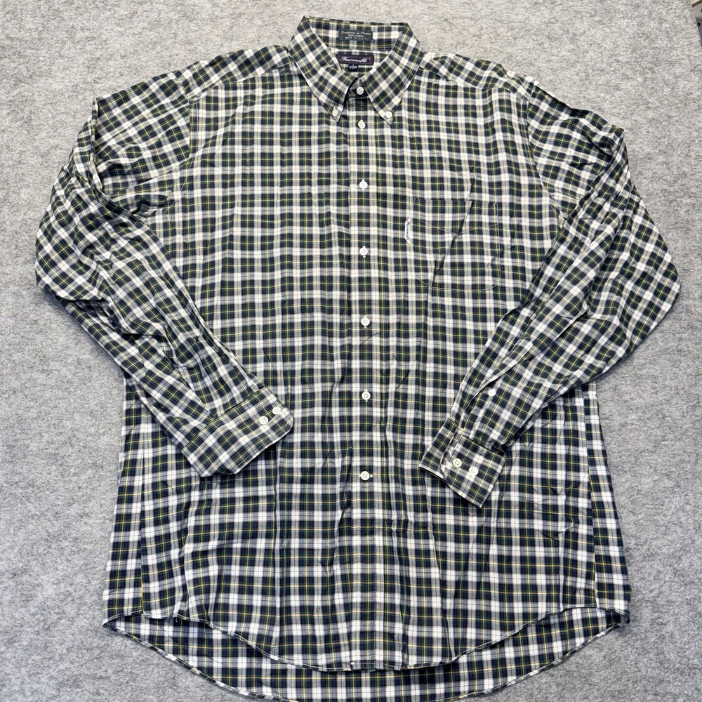 Faconnable Button Down Shirt Men XL 17.5 USA Made Cotton Plaid Green Navy